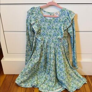 Girls' Green & Blue Floral Ruffle Long-Sleeve Dress